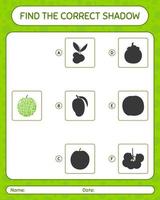 trouver le bon jeu d'ombres avec du melon. feuille de travail pour les enfants d'âge préscolaire, feuille d'activité pour enfants vecteur