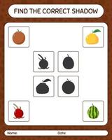 trouver le bon jeu d'ombres avec des fruits. feuille de travail pour les enfants d'âge préscolaire, feuille d'activité pour enfants vecteur