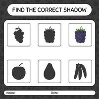trouver le bon jeu d'ombres avec blackberry. feuille de travail pour les enfants d'âge préscolaire, feuille d'activité pour enfants vecteur