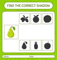 trouver le bon jeu d'ombres avec poire. feuille de travail pour les enfants d'âge préscolaire, feuille d'activité pour enfants vecteur