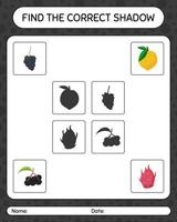 trouver le bon jeu d'ombres avec des fruits. feuille de travail pour les enfants d'âge préscolaire, feuille d'activité pour enfants vecteur