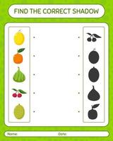 trouver le bon jeu d'ombres avec des fruits. feuille de travail pour les enfants d'âge préscolaire, feuille d'activité pour enfants vecteur