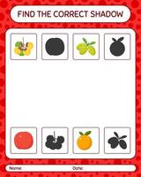 trouver le bon jeu d'ombres avec des fruits. feuille de travail pour les enfants d'âge préscolaire, feuille d'activité pour enfants vecteur