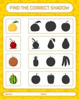 trouver le bon jeu d'ombres avec des fruits. feuille de travail pour les enfants d'âge préscolaire, feuille d'activité pour enfants vecteur