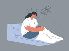 femme triste restant au lit dans sa chambre se réveillant avec une migraine ou souffrant d'insomnie vecteur
