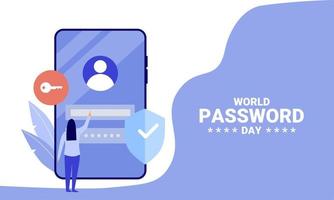 illustration vectorielle, une fille se connectant à un appareil à l'aide d'un mot de passe de sécurité, comme bannière ou affiche pour la journée mondiale du mot de passe. vecteur
