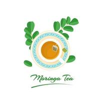 thé de moringa ou moringa oleifera, servi dans une tasse, avec des feuilles vertes fraîches, isolé sur fond blanc, illustration vectorielle. vecteur