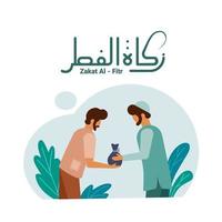 les hommes musulmans donnent la charité, avec le texte arabe zakat al fitr qui signifie la charité donnée aux pauvres à la fin du jeûne du mois sacré du ramadan. illustration vectorielle.