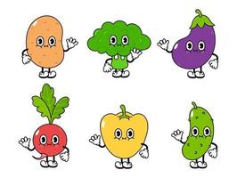 ensemble de personnages drôles et mignons de légumes heureux. icône d'illustration de personnage de dessin animé kawaii dessiné à la main de vecteur. isolé sur fond blanc. pomme de terre mignonne, brocoli, aubergine, radis, poivron, concombre vecteur