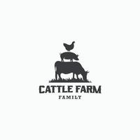 modèle de conception de logo de famille de ferme bovine. vintage, vache, cochon, poulet, viande - vecteur