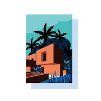 une image d'affiche qui représente une villa tropicale entourée de nombreux cocotiers vecteur