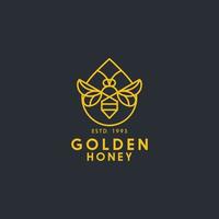 un logo de ligne simple d'abeille et de miel de couleur or sur fond sombre pour une ferme de miel ou une étiquette de produit de miel biologique