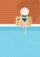 affiche d'été avec une fille en maillot de bain assise au bord de la piscine. bannière d'été. illustration vectorielle vecteur