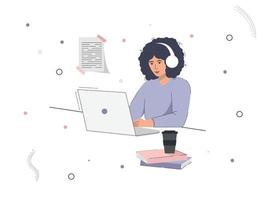 l'étudiant est une jolie fille qui étudie en ligne. le personnage est assis à un bureau, regarde son ordinateur portable et étudie avec des livres et des cahiers. concept d'éducation en ligne. illustration vectorielle plane.