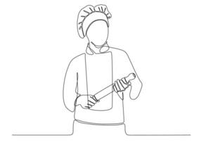 un dessin en ligne continu de jeune belle femme chef. bon goût de la nourriture dans le concept de restaurant de l'hôtel dessin au trait unique conception graphique illustration vectorielle vecteur