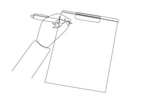 dessin en ligne continu de la main d'un homme écrivant quelque chose sur un bloc-notes isolé sur une illustration vectorielle de fond blanc vecteur