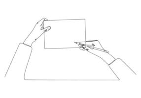 dessin en ligne continu de la main d'un homme écrivant quelque chose sur un bloc-notes isolé sur une illustration vectorielle de fond blanc