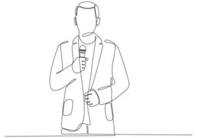 dessin au trait continu d'un homme tenant un microphone, illustration vectorielle de journaliste symbole