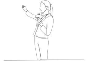 dessin au trait continu d'une femme tenant un microphone, illustration vectorielle de journaliste symbole vecteur