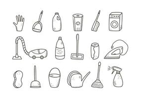 éléments de nettoyage vectoriels de style doodle. un ensemble de dessins de produits et articles de nettoyage. kit de lavage de chambre