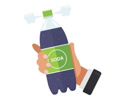 une main tient une bouteille de soda avec une étiquette verte. illustration vectorielle plane.