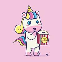 Licorne mignonne mangeant du pop-corn, adaptée aux livres pour enfants, aux cartes d'anniversaire, à la Saint-Valentin, aux autocollants, aux couvertures de livres, aux cartes de vœux, à l'impression. vecteur