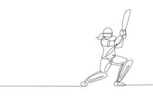 un dessin en ligne continu de jeune femme heureuse joueur de cricket se concentre pour frapper la balle à l'illustration vectorielle de terrain. concept de sport de compétition. conception de dessin dynamique sur une seule ligne pour affiche publicitaire vecteur