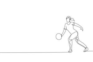 un dessin en ligne continu d'une jeune joueuse de bowling heureuse lance la balle dans la voie pour frapper la broche. concept d'activité de sport et de style de vie sain. illustration vectorielle de dessin dynamique à une seule ligne vecteur
