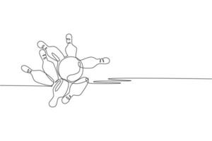 un dessin d'une seule ligne de boule de bowling lancée sur des quilles jusqu'à ce qu'elle s'effondre illustration graphique vectorielle. activité de loisirs et concept de sport de jeu récréatif. conception moderne de dessin en ligne continue vecteur