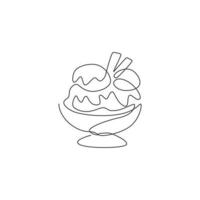 une ligne continue dessinant l'emblème du logo du restaurant de crème glacée délicieuse sundae fraîche. concept de modèle de logo de magasin de café de nourriture de dessert sucré. illustration vectorielle graphique de conception de dessin à une seule ligne moderne vecteur