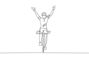 dessin en ligne continue d'une jeune cycliste agile levant les mains en l'air. concept de style de vie sportif. illustration vectorielle de conception de dessin à une ligne à la mode pour les médias de promotion de course cycliste vecteur