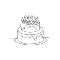 un dessin au trait unique de délicieux gâteau d'anniversaire fait maison frais avec des bougies au-dessus de l'illustration graphique vectorielle. concept d'insigne de confiserie de pâtisserie. art de conception de dessin en ligne continue moderne