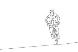 une seule ligne continue dessinant un cycliste jeune homme agile se concentrant sur l'entraînement de son endurance. concept de style de vie sportif. graphique d'illustration vectorielle de conception de dessin à une ligne à la mode pour les médias de promotion de course cycliste vecteur