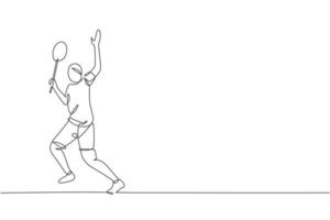 dessin en ligne continue d'un jeune joueur de badminton agile a frappé le volant. concept de sport de compétition. illustration vectorielle de dessin à la mode sur une ligne pour les médias de publication du tournoi de badminton vecteur