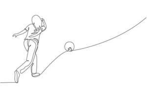 une seule ligne dessinant une jeune femme talentueuse joueuse de bowling lancer une balle pour frapper des quilles illustration vectorielle graphique. concept de mode de vie et de sport de personnes en bonne santé. conception moderne de dessin en ligne continue