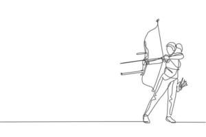 un dessin en ligne continu d'une jeune femme archer tirant l'arc pour tirer sur une cible de tir à l'arc. concept d'entraînement et d'exercice de sport de tir à l'arc. illustration vectorielle de dessin dynamique à une seule ligne vecteur