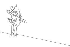 un dessin d'une seule ligne de jeune archer femme se concentre sur l'exercice de tir à l'arc pour atteindre l'illustration vectorielle graphique cible. tir de rafraîchissement sain avec concept de sport d'arc. conception moderne de dessin en ligne continue vecteur