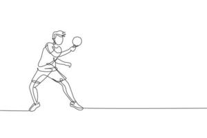 un dessin en ligne continu d'un jeune homme sportif joueur de tennis de table s'entraînant à frapper la balle. concept de sport de compétition. illustration vectorielle de dessin à une seule ligne pour l'affiche du championnat de ping pong vecteur