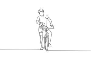 dessin en ligne continue d'un jeune cycliste agile pose en toute confiance lors d'un événement cycliste. concept de style de vie sportif. illustration vectorielle de conception de dessin à une ligne à la mode pour les médias de promotion de course cycliste vecteur