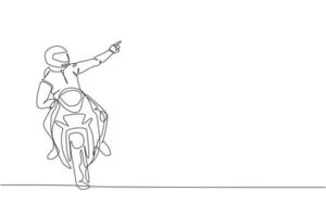 dessin en ligne continue d'un jeune coureur de superbike pointant le doigt vers les spectateurs. concept de tournoi de moto. illustration vectorielle de conception de dessin à une ligne à la mode pour les médias de promotion de course de moto vecteur