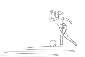 une seule ligne continue dessinant une jeune femme heureuse de joueur de bowling lancer une boule de bowling pour frapper les quilles. faire du sport passe-temps au concept de temps libre. graphique d'illustration vectorielle de conception de dessin à une ligne à la mode