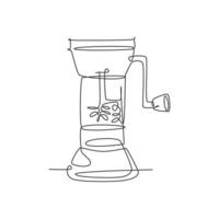 dessin en ligne continue d'une étiquette de logo de moulin à café en bois pratique manuel stylisé. concept de café emblème. illustration vectorielle de dessin d'une ligne vintage pour un café ou un magasin de boissons