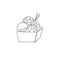 dessin en ligne continue unique de l'étiquette stylisée du logo de la balle takoyaki japonaise. concept de restaurant de fruits de mer emblème. illustration vectorielle de conception de dessin à une ligne moderne pour un café, un magasin ou un service de livraison de nourriture vecteur