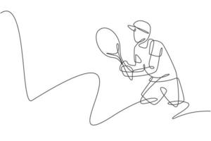 un dessin en ligne continu d'un jeune joueur de tennis masculin se concentrant pour attendre la balle de l'adversaire. concept de sport de compétition. illustration vectorielle dynamique de conception de dessin à une seule ligne pour l'affiche du tournoi