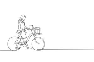 une seule ligne dessinant une jeune employée de démarrage heureuse femme faire du vélo jusqu'à l'illustration graphique vectorielle de l'espace de coworking. concept de mode de vie de travailleur urbain sain. conception moderne de dessin en ligne continue vecteur