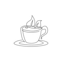 un dessin en ligne continu d'une tasse de thé chaud frais avec l'emblème du logo de feuilles de thé naturel vert. magasin de boissons et concept de modèle de logo de café. illustration vectorielle de dessin à une seule ligne moderne
