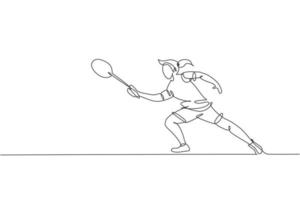 une seule ligne continue dessinant un jeune joueur de badminton agile a frappé le volant. concept d'exercice sportif. graphique d'illustration vectorielle de conception de dessin à une ligne à la mode pour les médias de publication de tournoi de badminton vecteur