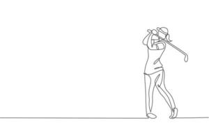 un dessin en ligne continu d'un jeune joueur de golf swing club de golf et frappe la balle. concept de sport de loisirs. graphique d'illustration vectorielle de conception de dessin à une seule ligne dynamique pour les médias de promotion de tournoi vecteur