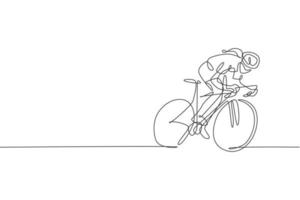 une seule ligne dessinant une jeune femme énergique cycliste cycliste focus train son illustration graphique vectorielle de vitesse. concept de cycliste de course. conception moderne de dessin en ligne continue pour la bannière du tournoi cycliste vecteur