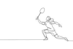 un dessin d'une seule ligne de jeune joueur de badminton énergique sautant et smash volant illustration vectorielle. concept de sport sain. conception de dessin en ligne continue moderne pour l'affiche du tournoi de badminton vecteur